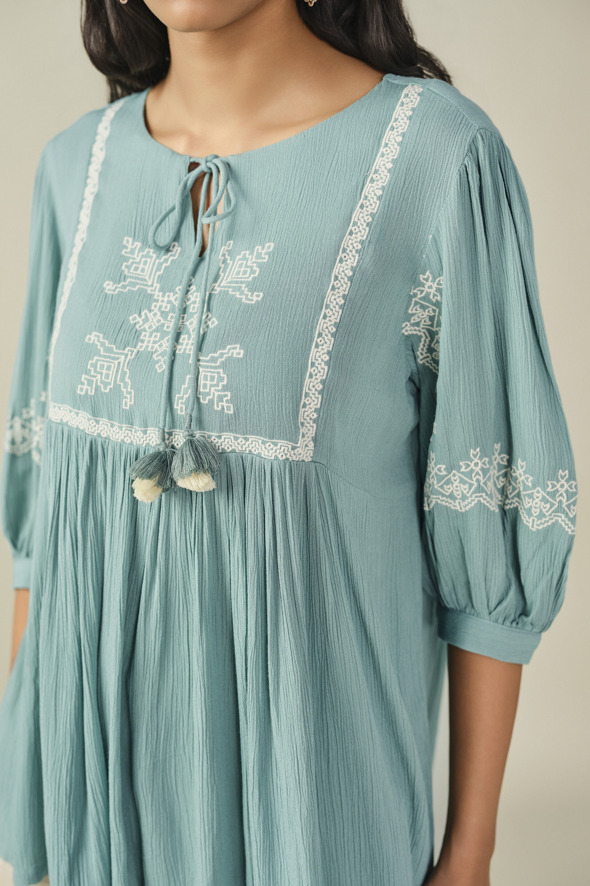 Embroidered Yoke Top in Light Teal, Teal, image 2